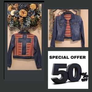 Women's Distressed Jean Jacket W/CROSS on back. Excellent Condition NWOT Size S